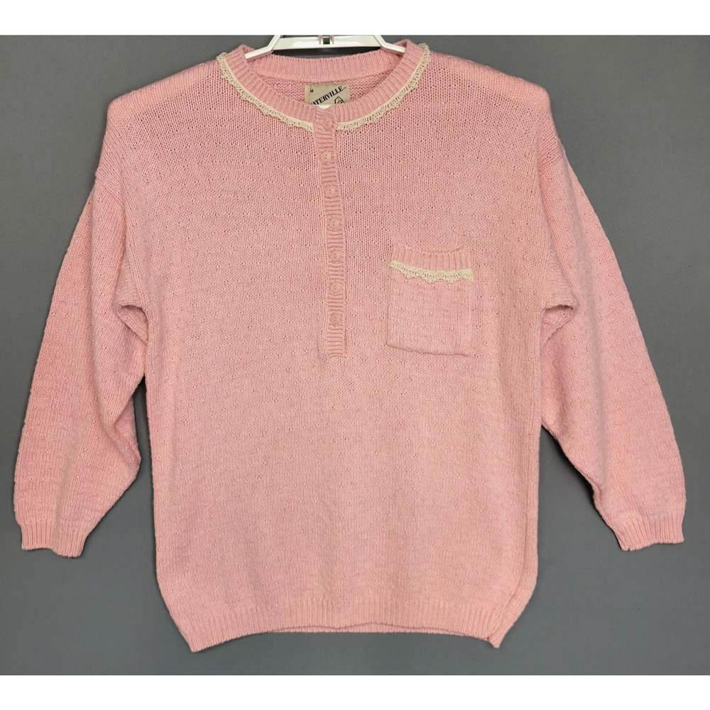 Vintage 80's Waterville Wool Sweater Womens M Pink Knit Crochet Lace Trim Button
